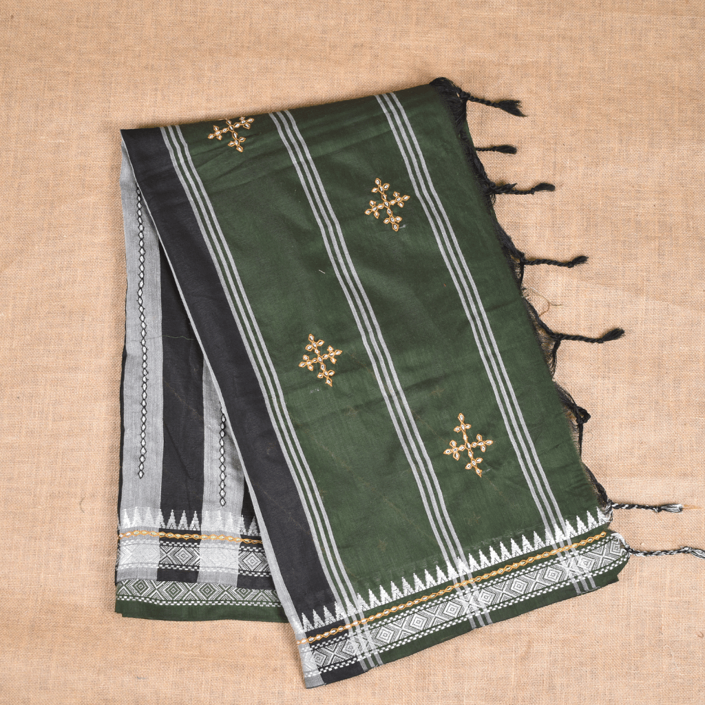 Green embroidery handloom saree - front