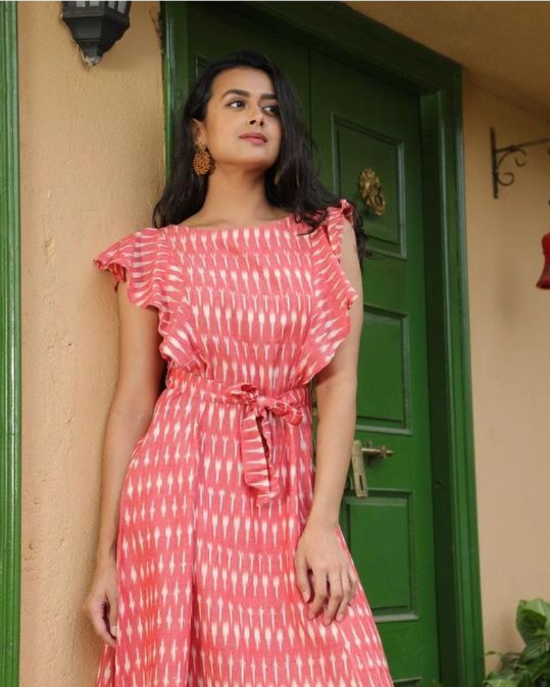 Indo western frock or dress in pink pochampally cotton fabric