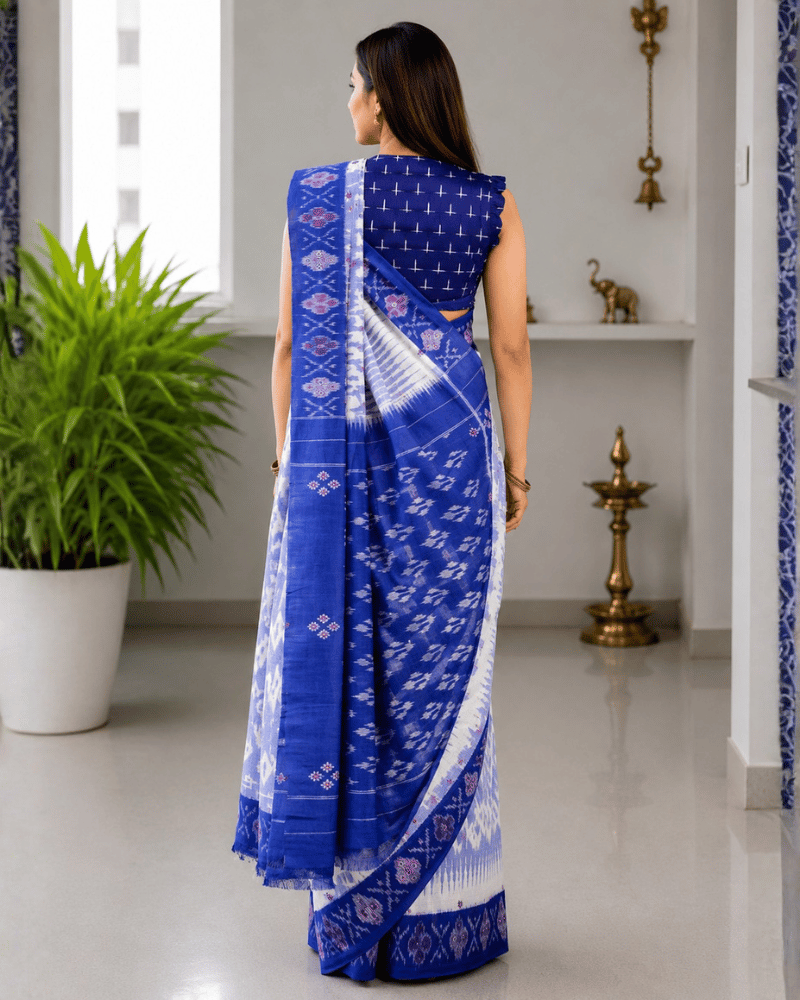 White Ikat Saree With Hand Embroidery