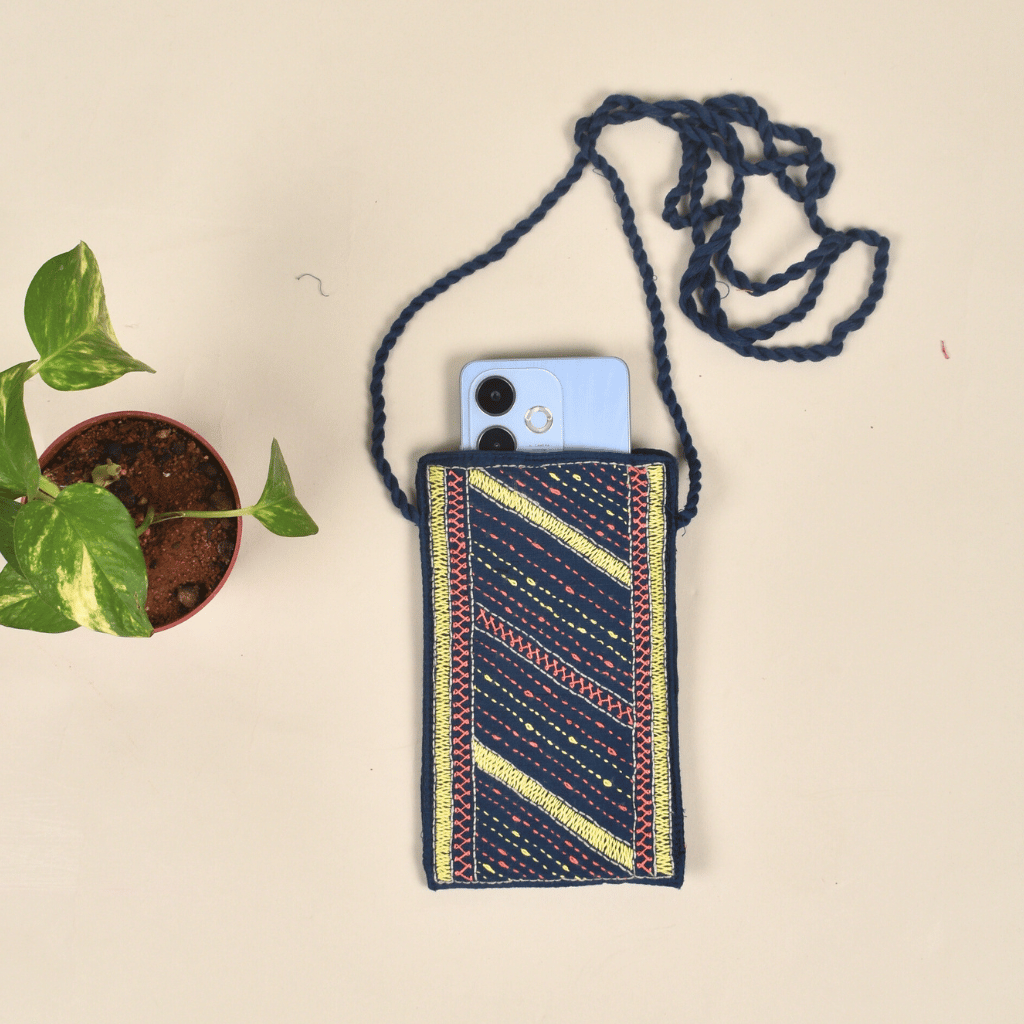 Handcrafted Embroidery blue cell phone pouch