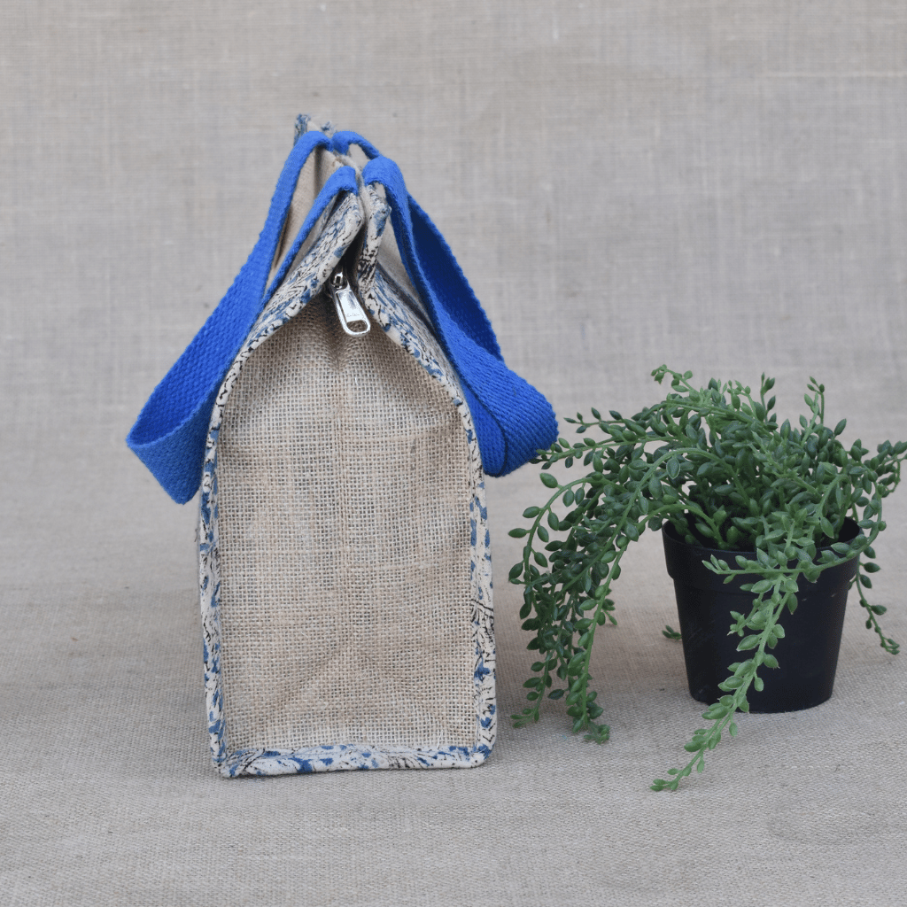 Blue Kalamkari and Jute Lunch Bag