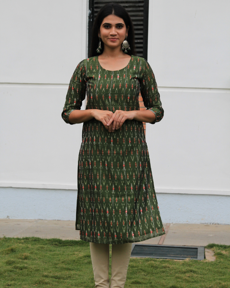 Mehendi green ikat silk kurta with hand embroidery