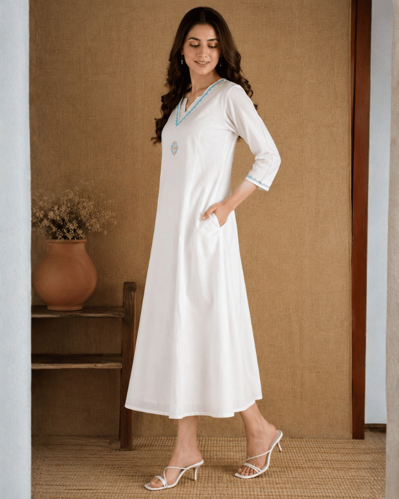 White Cotton Dress with Applique Work - sleeves