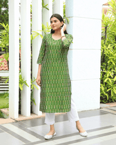 Hand Embroidery Mehndi green ikat silk kurta - front