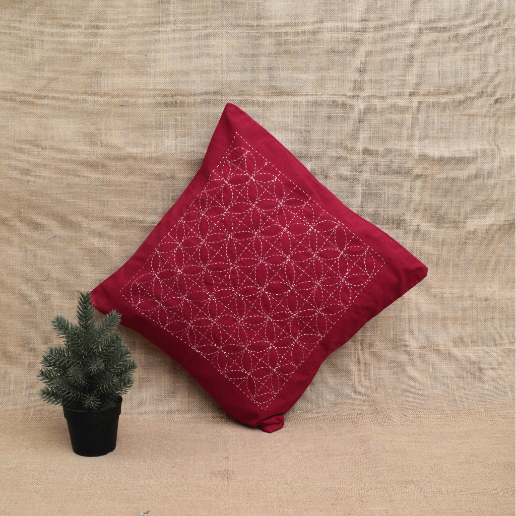 Maroon Geometric Embroidered Cotton Cushion Cover – 16 x 16 Inches