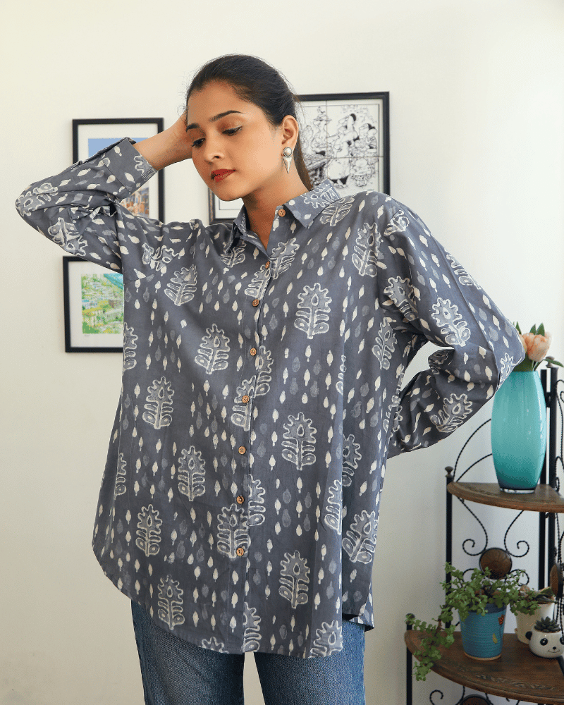 Stylish Women’s Grey Kalamkari Cotton Shirt - front