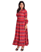Red & Blue Ikat Printed Maxi Dress with Full Sleeves