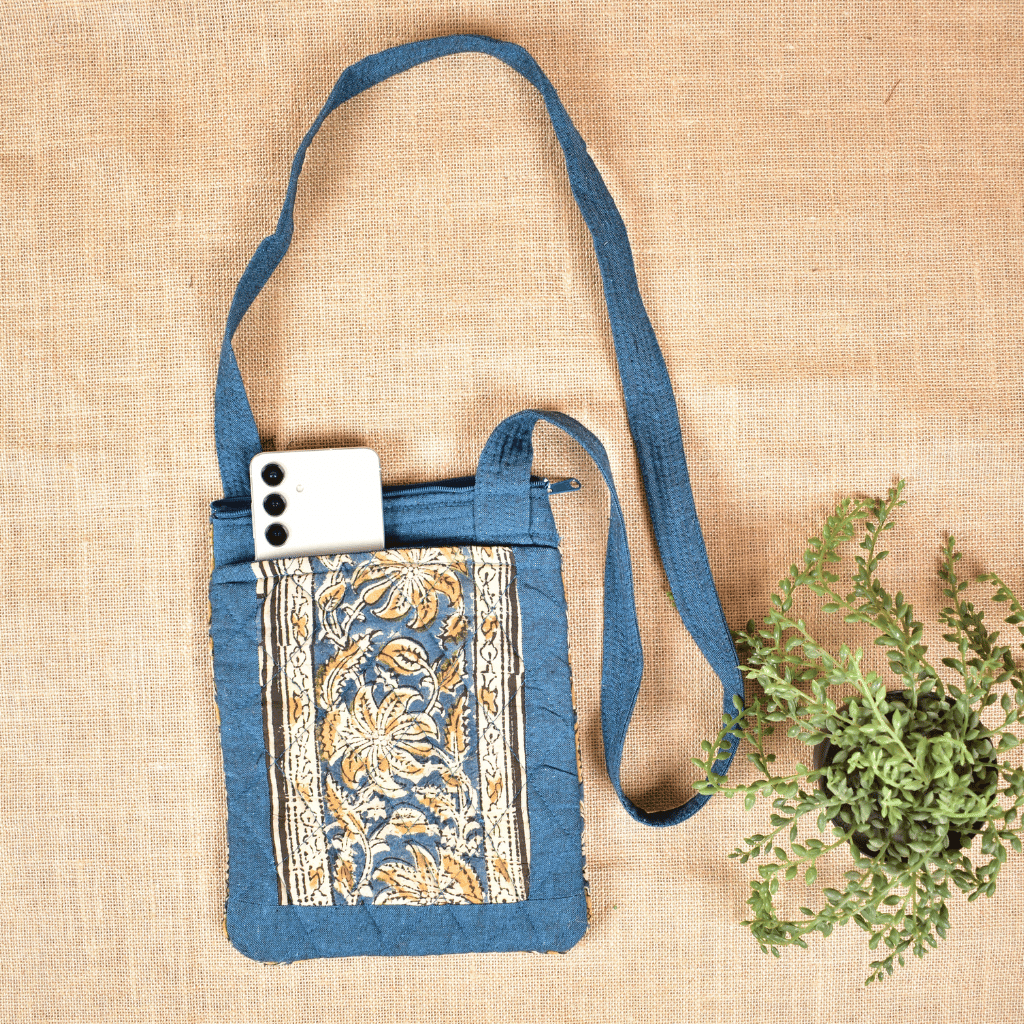 Blue kalamkari cotton sling bag cum phone pouch - Velcro pocket