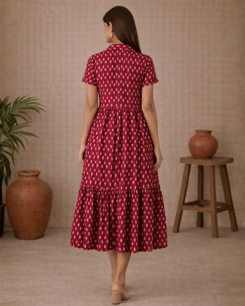 Maroon Ikat Cotton Calf-Length Dress with Shirt Collar - back