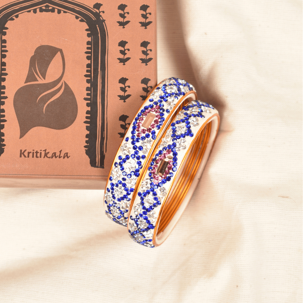 Pair of blue & white 5 line stoned lac bangles - Hyderabad