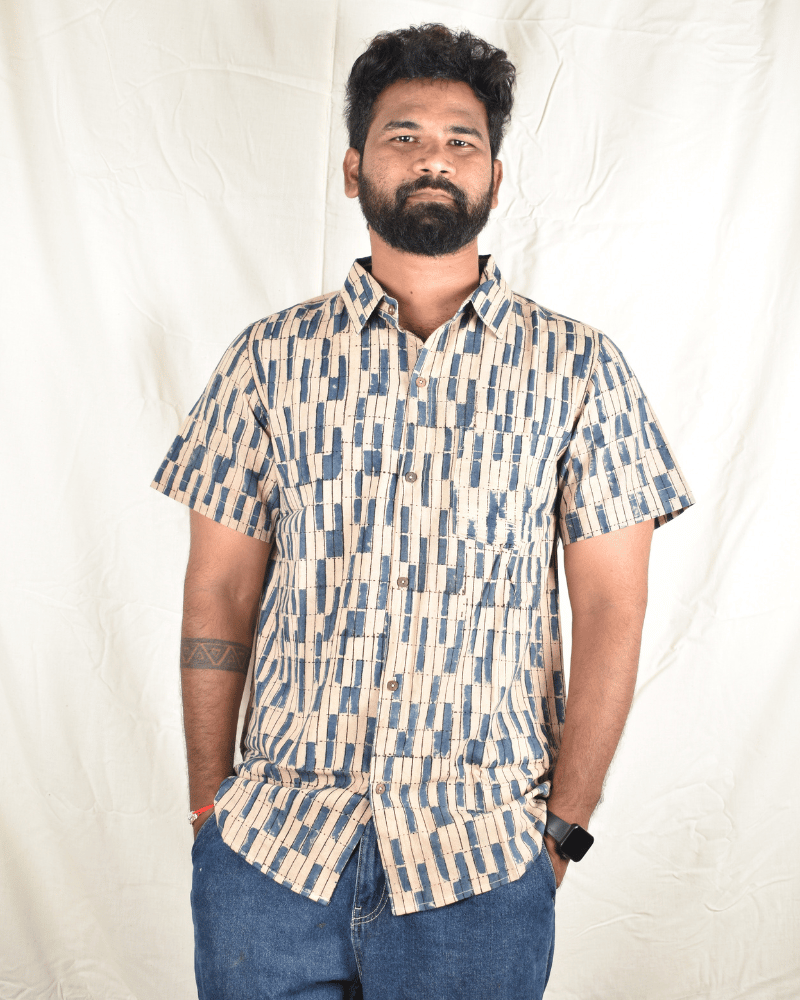 Blue kalamkari men's shirt - casual wear