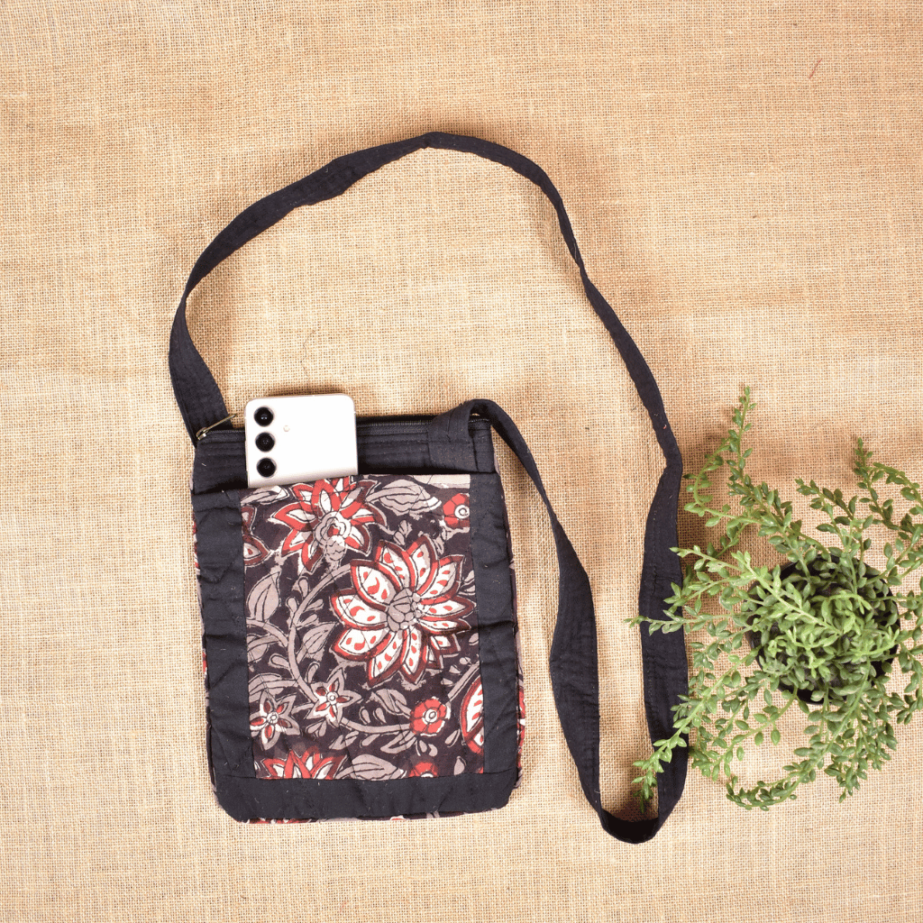Black kalamkari cotton sling bag cum phone pouch - Velcro pockets