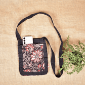 Black kalamkari cotton sling bag cum phone pouch - Velcro pockets