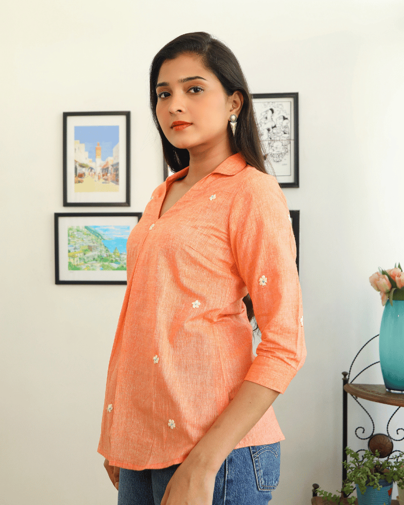 Embroidered short top in Orange cotton - side view
