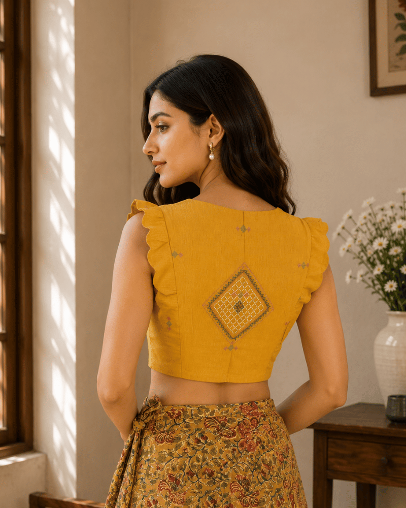 Yellow Cotton Sleeveless Embroidery Blouse with V-Neck