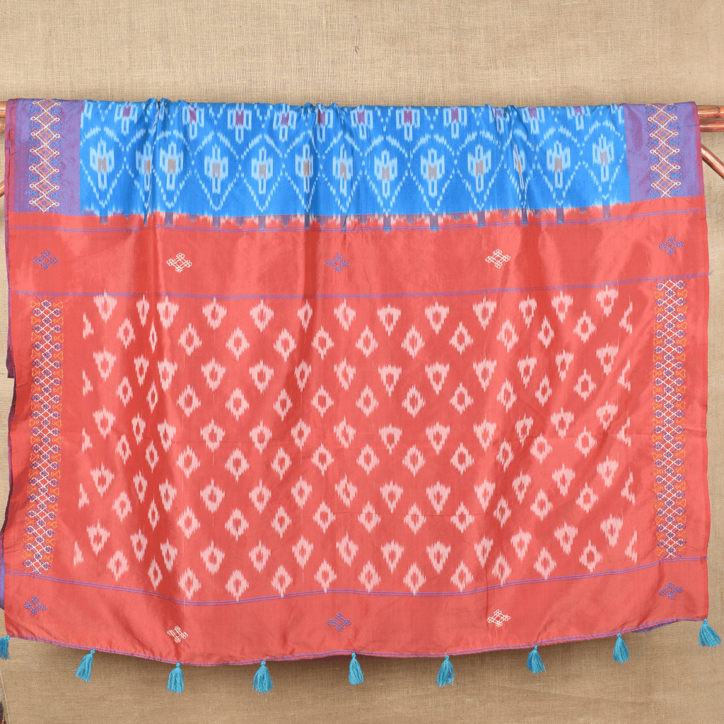 Blue ikat saree with hand embroidery - pico