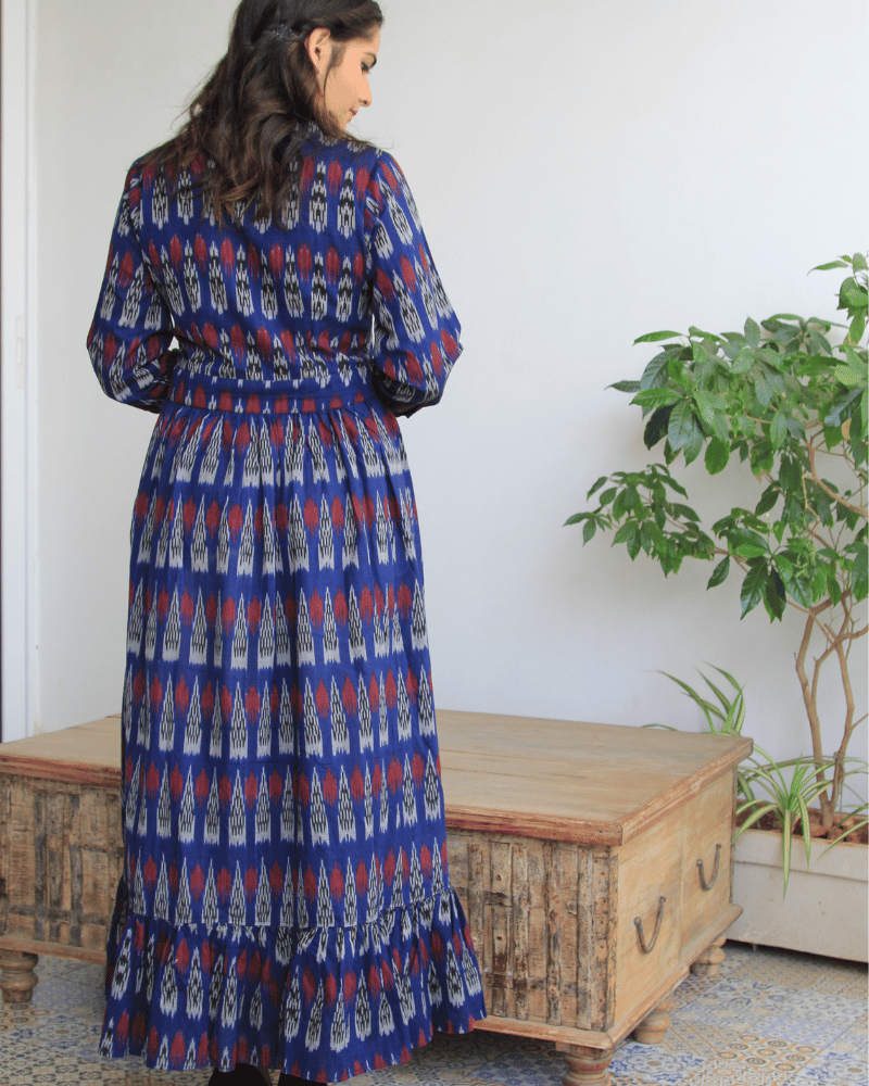 Navy Blue Ikat Printed Maxi Dress with Full Sleeves