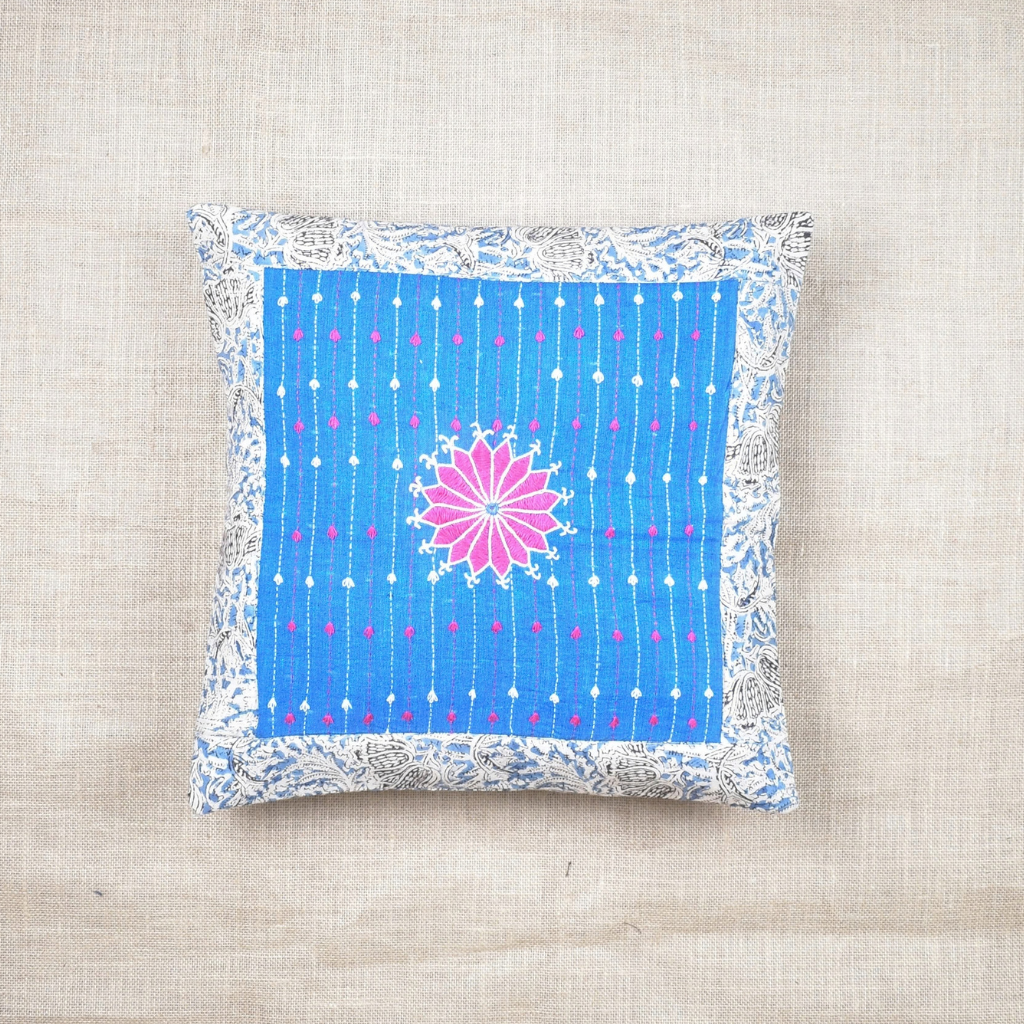 Blue Kalamkari Embroidered Cushion Cover - front
