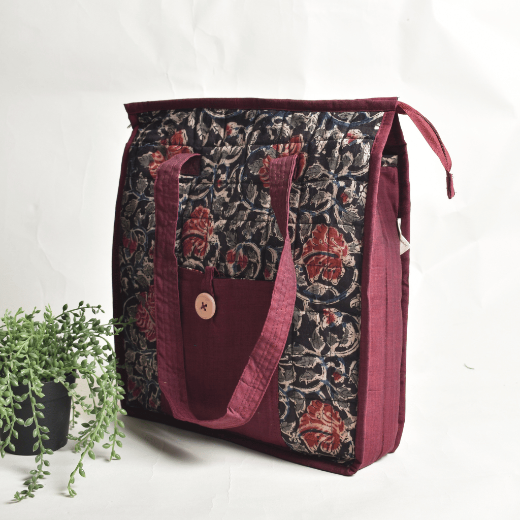 Red kalamkari tote bag - side