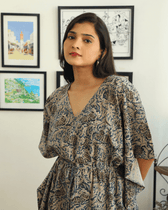 Short kaftan in blue kalamkari cotton - Kritikala