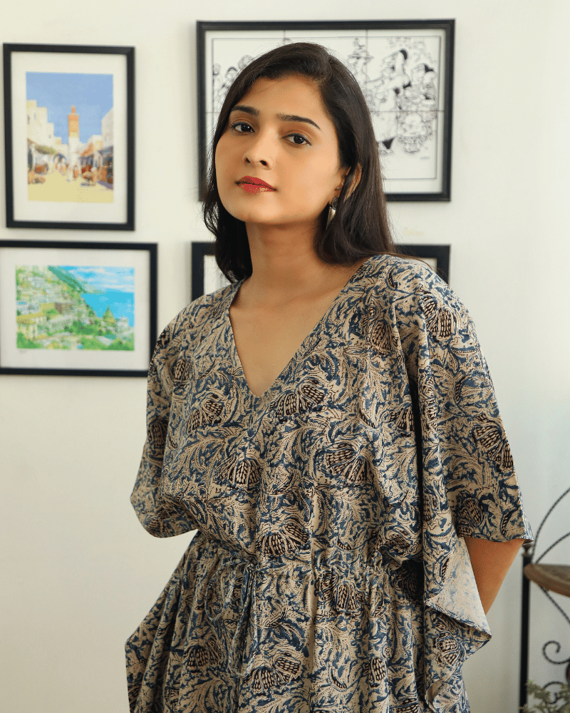 Short kaftan in blue kalamkari cotton - Kritikala