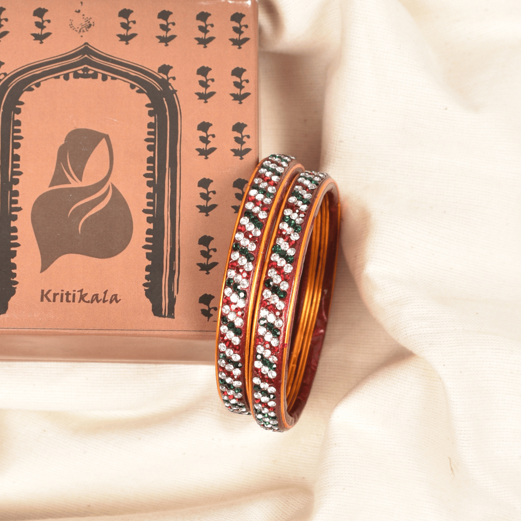 Pair of green & red 3 line stoned lac bangles - Hyderabad