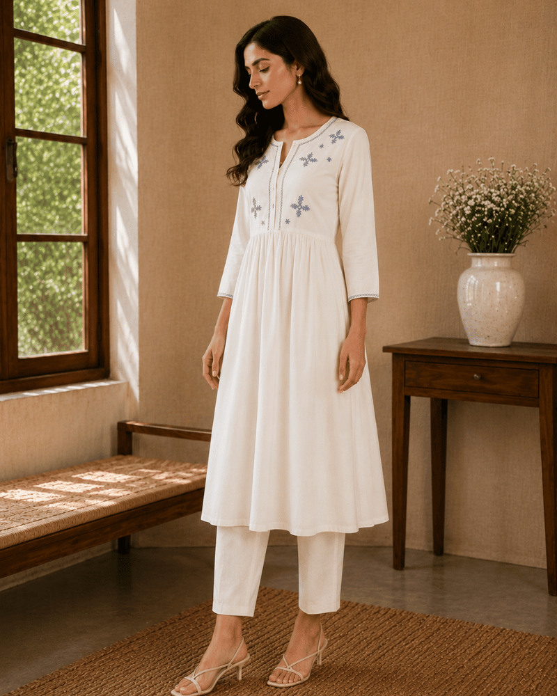 White Cotton Kurta with Hand Embroidery - side