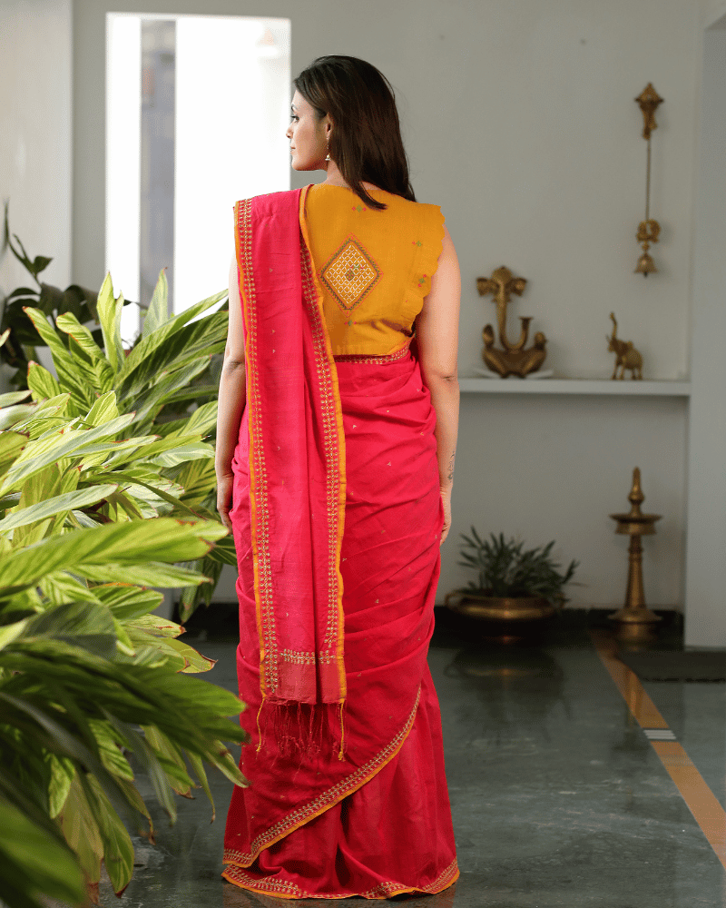 Red Cotton Saree with Hand Embroidery