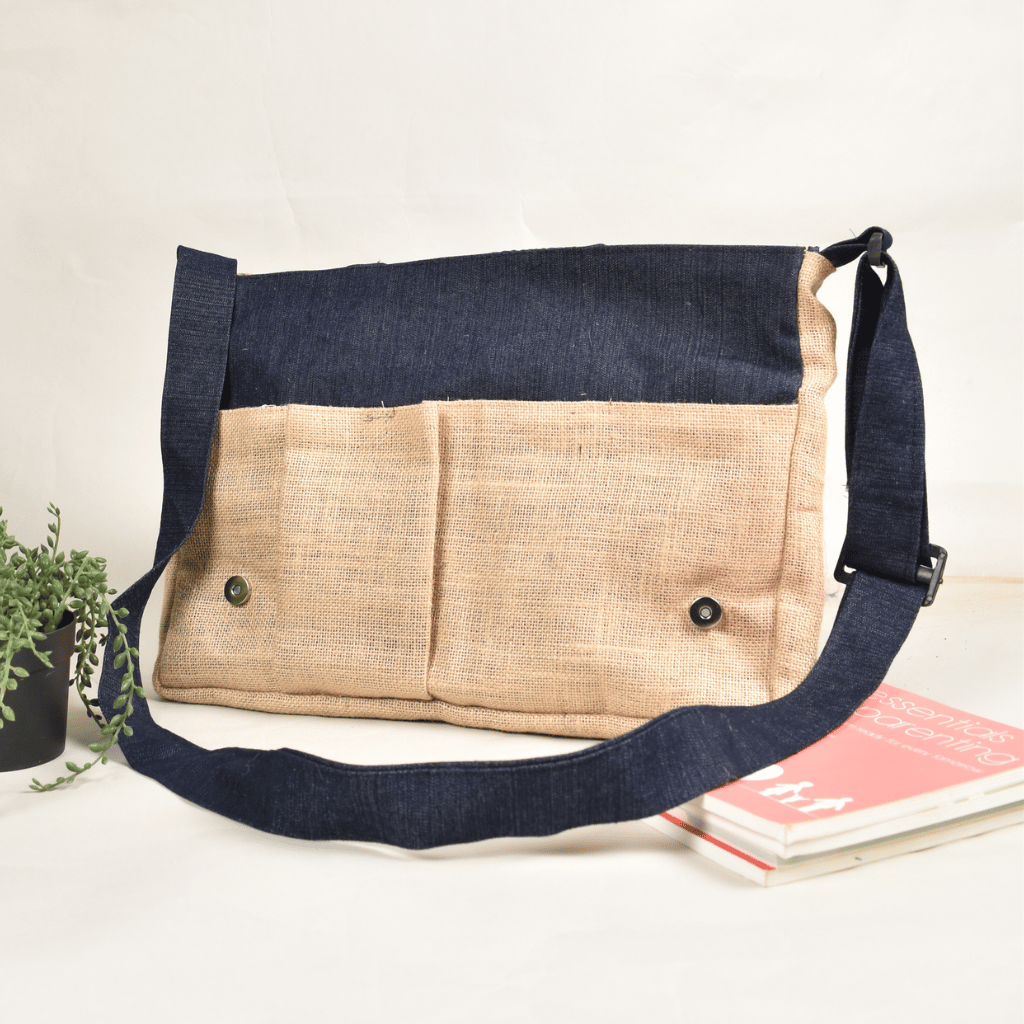 Cross body blue denim laptop bag - pockets