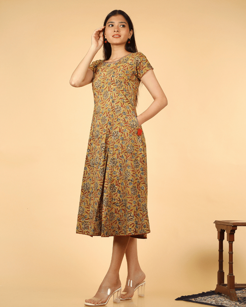 Yellow Floral kalamkari Dress with a Boat neck and Sleeve