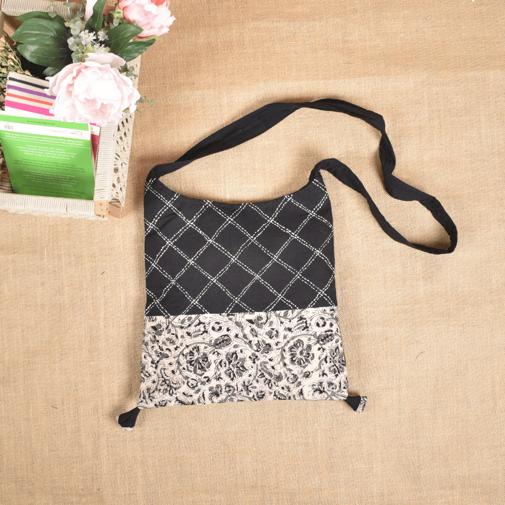 Black and White Kalamkari Sling Bag With Embroidery - front