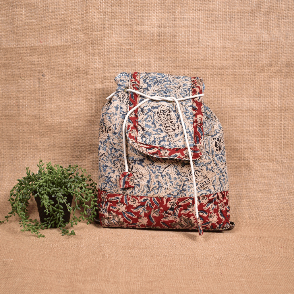 Quilted Blue Kalamkari Backpack Bag - front