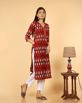 Straight Kurta in Red Ikat Cotton - pocket