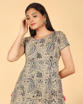 Blue Floral Kalamkari Dress With a Boat Neck and with sleeve