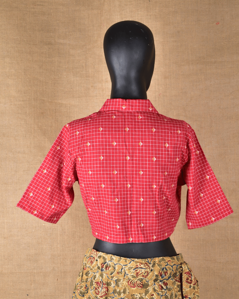 Red Checkered Cotton Blouse with Shirt Collar - back