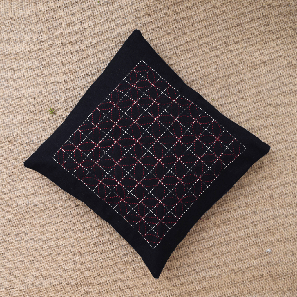 Black Geometric Embroidered Cotton Cushion Cover – 16 x 16 Inches
