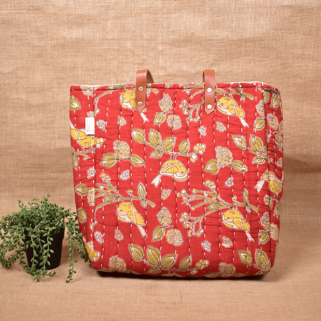 Red Tapti Hand Quilted Large Tote Bag - back
