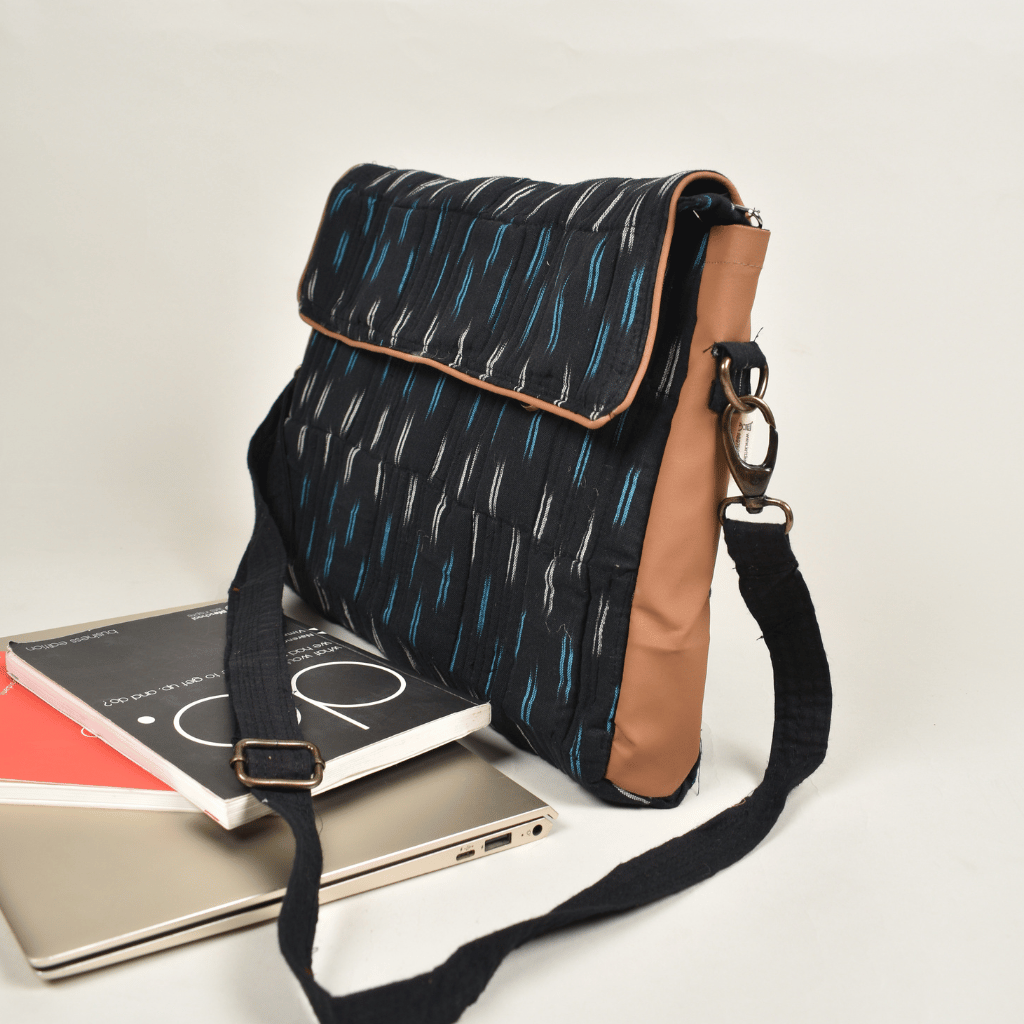 "Samarth" laptop bag in black ikat and faux leather - side