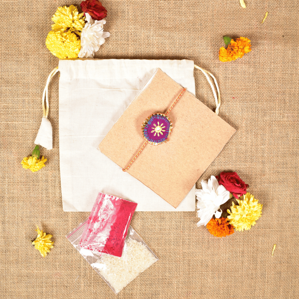Purple Round Embroidery Handloom Rakhi