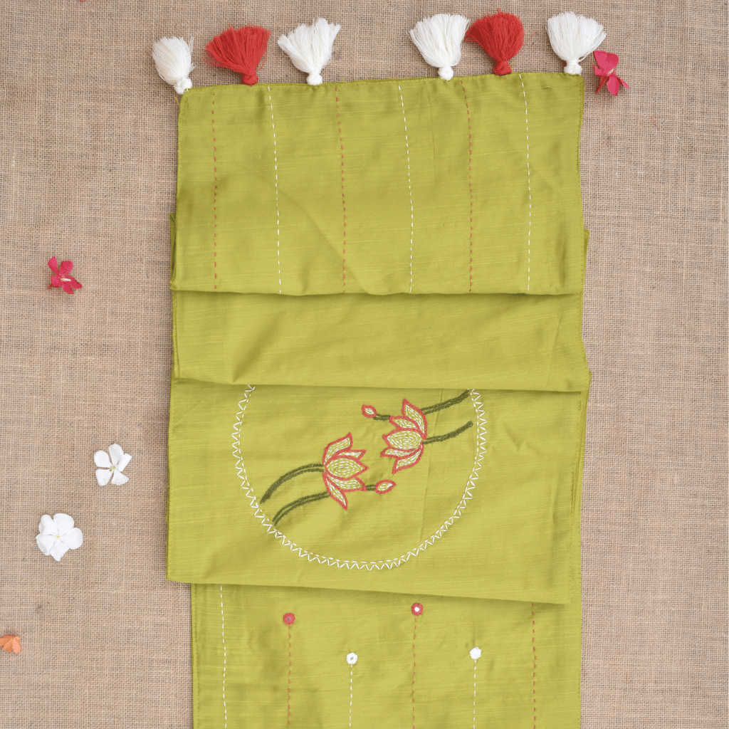 Green Silk lotus embroidery festive table runner - tassels