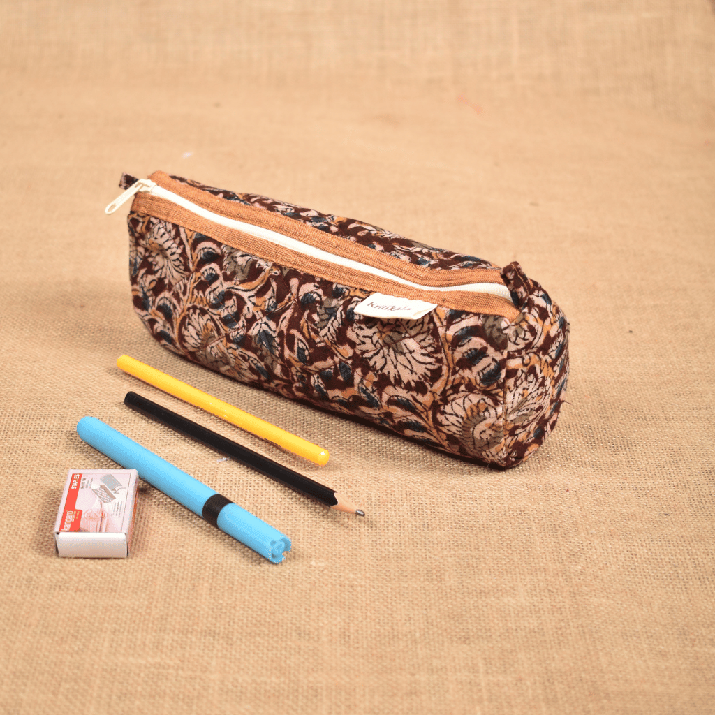 Maroon kalamkari round quilted case - side
