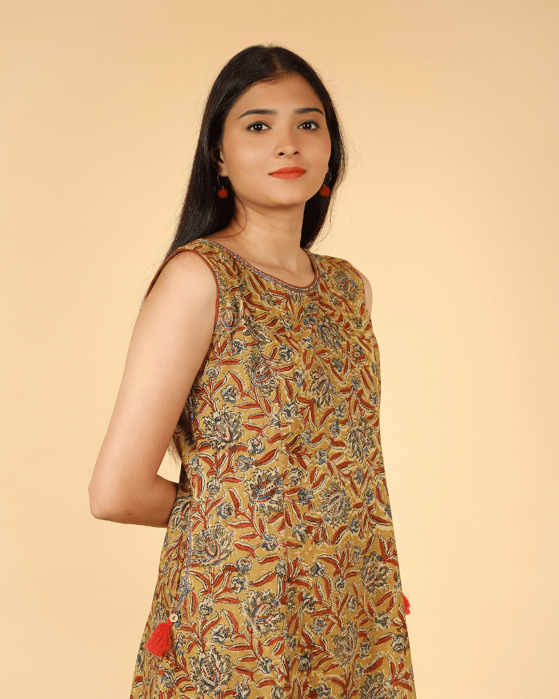 Yellow Floral kalamkari Dress with a Boat neck - tassel