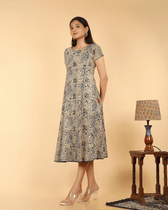 Blue Floral Kalamkari Dress With a Boat Neck and with sleeve