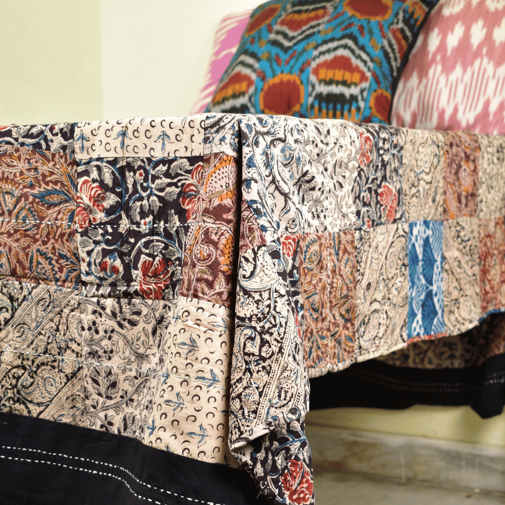Kalamkari patchwork double bedcover in black
