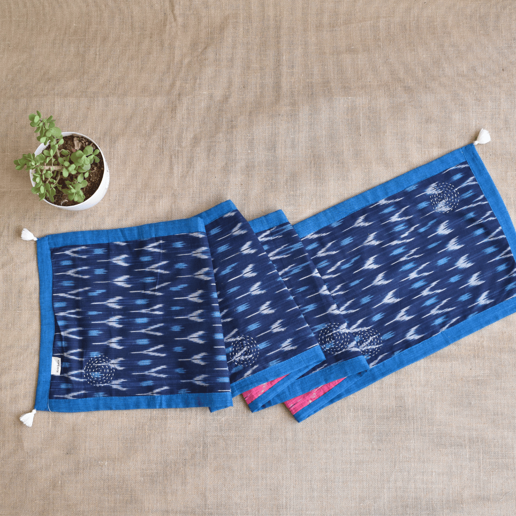 Blue and pink ikat reversible table runner with kantha embroidery