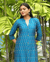 Blue Women’s Mercerized Ikat Straight Kurta