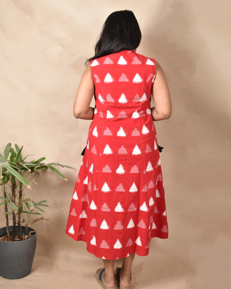 SLEEVELESS A LINE DRESS WITH EMBROIDERED POCKETS IN RED DOUBLE IKAT FABRIC