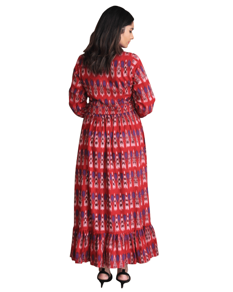 Red & Blue Ikat Printed Maxi Dress with Full Sleeves