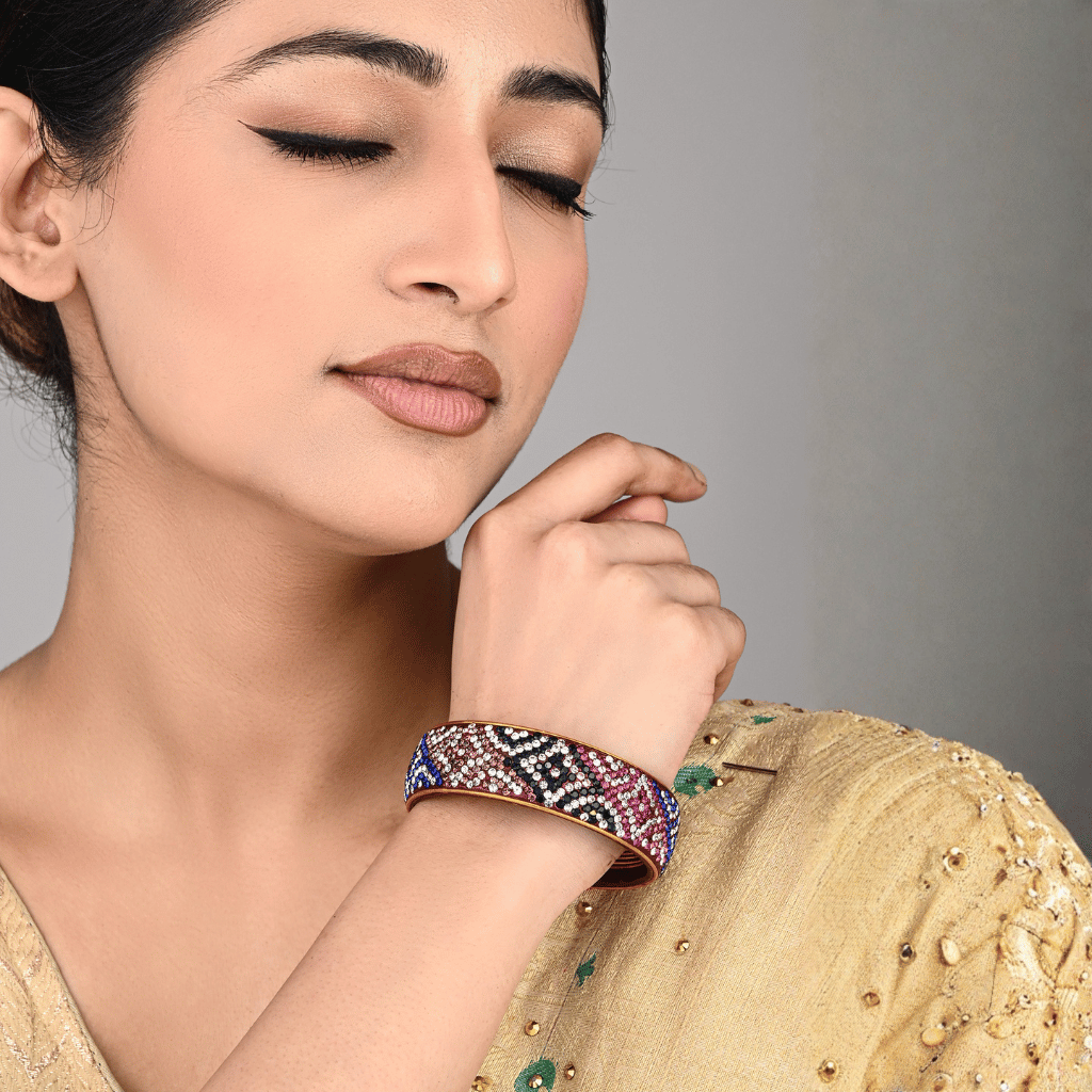 Ethnic blue and pink toned stone studded lac bangle 