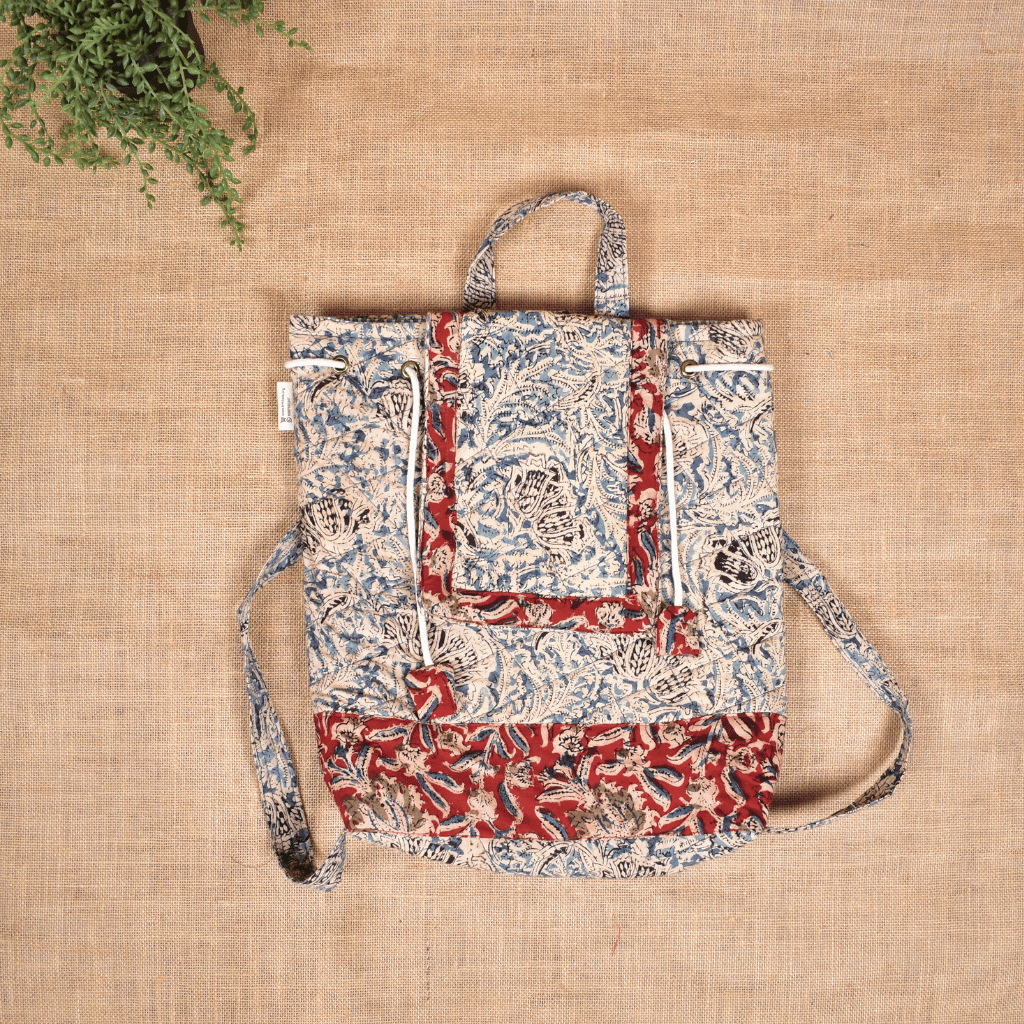 Quilted Blue Kalamkari Backpack Bag - handle